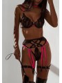 Three-piece lingerie set in black and neon pink color