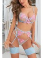 Three-piece sexy lingerie set in light blue color with floral design