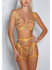 Ensemble de lingerie sexy en dentelle trois pièces de couleur jaune avec motif floral.