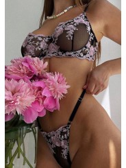 Three-piece  lace sexy lingerie set in black and pink colors, featuring floral design and beautiful skirt like suspender