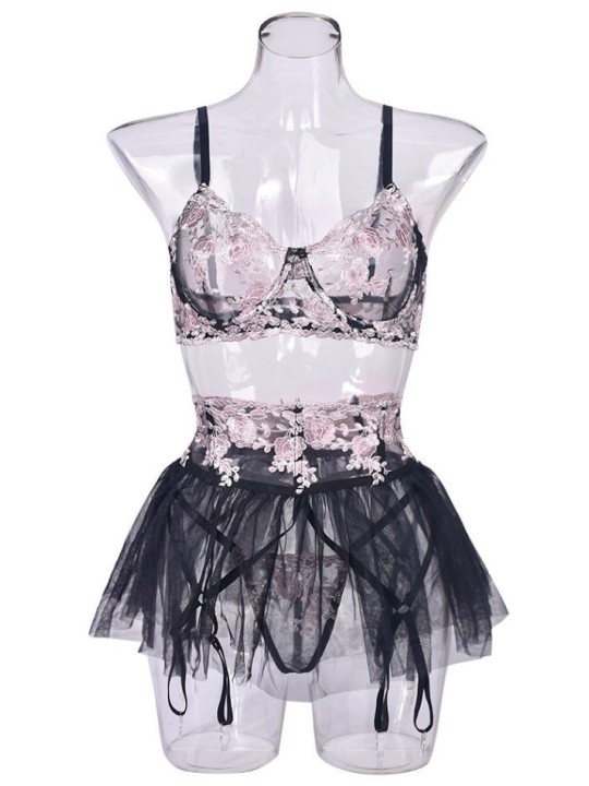 Three-piece  lace sexy lingerie set in black and pink colors, featuring floral design and beautiful skirt like suspender