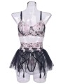 Three-piece  lace sexy lingerie set in black and pink colors, featuring floral design and beautiful skirt like suspender