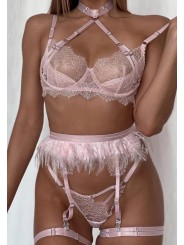 Three-piece sexy lace lingerie set in light pink color featuring suspender with feathers and neck accessory.