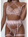 Three-piece sexy lace lingerie set in light pink color featuring suspender with feathers and neck accessory.