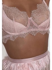 Three-piece sexy lace lingerie set in light pink color featuring suspender with feathers and neck accessory.