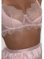 Three-piece sexy lace lingerie set in light pink color featuring suspender with feathers and neck accessory.