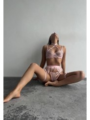 Three-piece sexy lace lingerie set in light pink color featuring suspender with feathers and neck accessory.