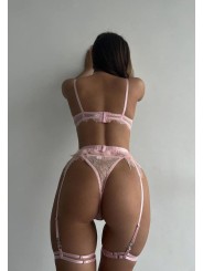 Three-piece sexy lace lingerie set in light pink color featuring suspender with feathers and neck accessory.