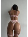 Three-piece sexy lace lingerie set in light pink color featuring suspender with feathers and neck accessory.