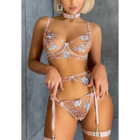 Three-piece sexy lace lingerie set in champagne rose color, floral design, gentle satin material.