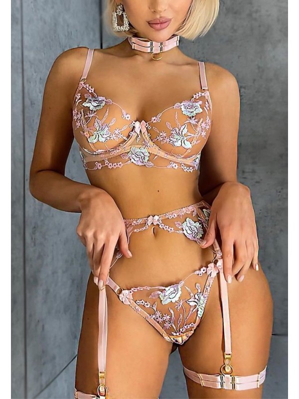 Three-piece sexy lace lingerie set in champagne rose color, floral design, gentle satin material.