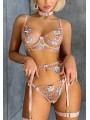 Three-piece sexy lace lingerie set in champagne rose color, floral design, gentle satin material.