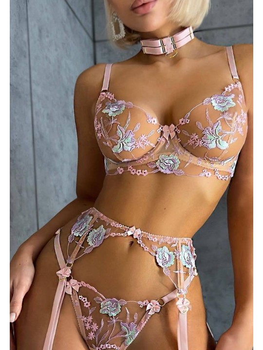 Three-piece sexy lace lingerie set in champagne rose color, floral design, gentle satin material.