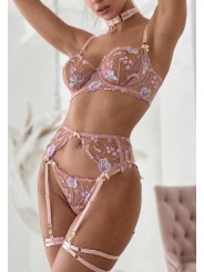 Three-piece sexy lace lingerie set in champagne rose color, floral design, gentle satin material.